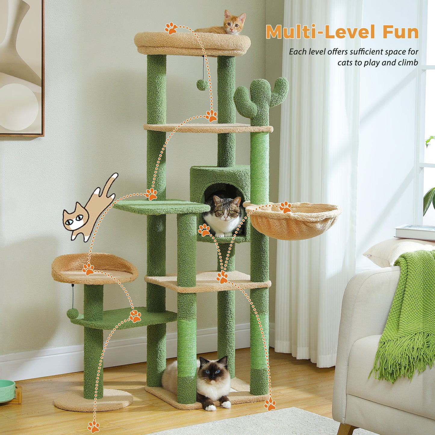 59" inch Cat Tree Tower, Multi-Level with 3 Removable Pompom Sticks, Cat Condo, Large Hammock, Scratching Post and 2 Perches. Green