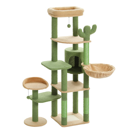 59" inch Cat Tree Tower, Multi-Level with 3 Removable Pompom Sticks, Cat Condo, Large Hammock, Scratching Post and 2 Perches. Green