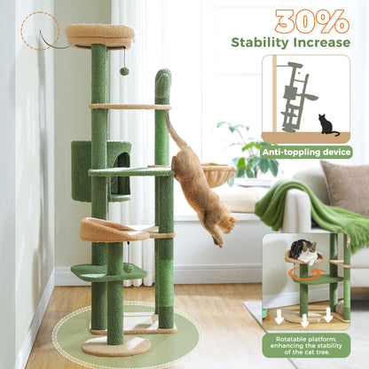 59" inch Cat Tree Tower, Multi-Level with 3 Removable Pompom Sticks, Cat Condo, Large Hammock, Scratching Post and 2 Perches. Green