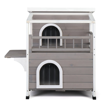 Wooden Cat house 2-Story Indoor Outdoor Luxurious Cat Shelter House with Transparent Canopy, Large Balcony, Openable Weatherproof Roof