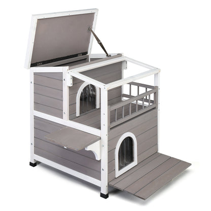 Wooden Cat house 2-Story Indoor Outdoor Luxurious Cat Shelter House with Transparent Canopy, Large Balcony, Openable Weatherproof Roof