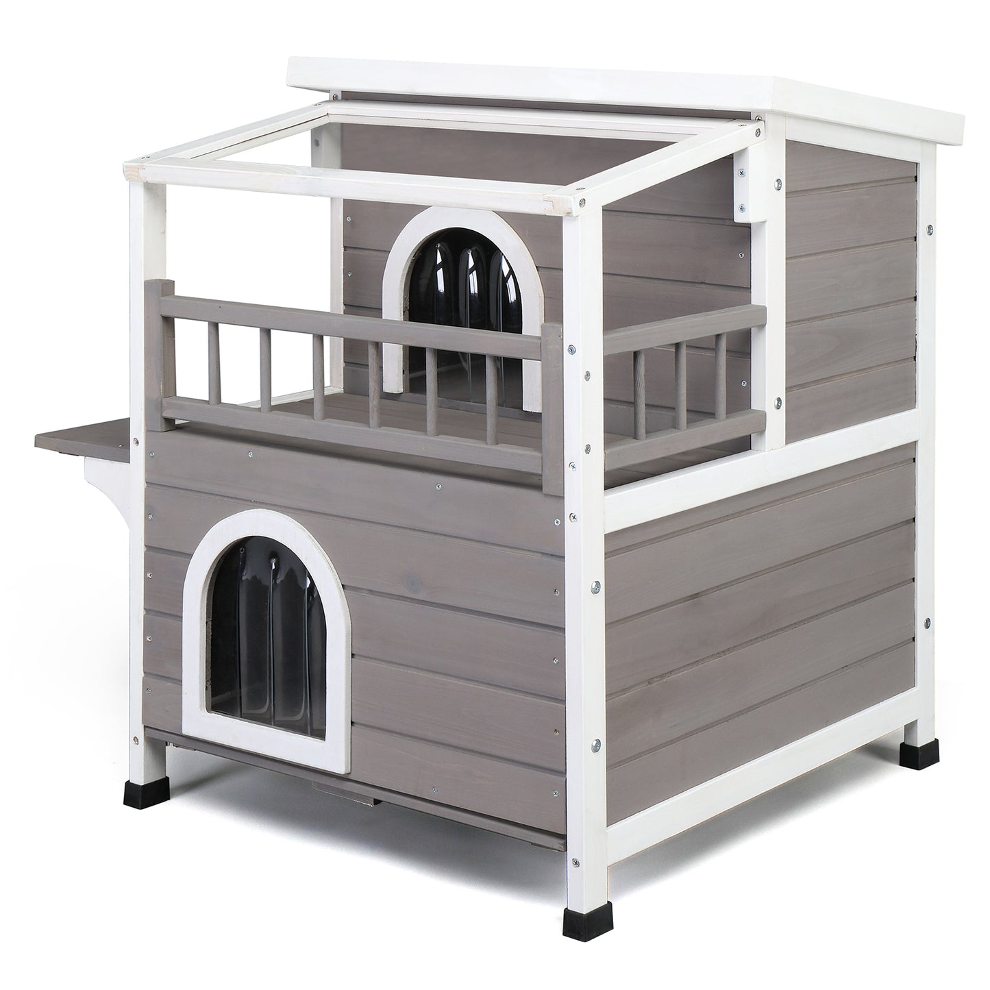 Wooden Cat house 2-Story Indoor Outdoor Luxurious Cat Shelter House with Transparent Canopy, Large Balcony, Openable Weatherproof Roof