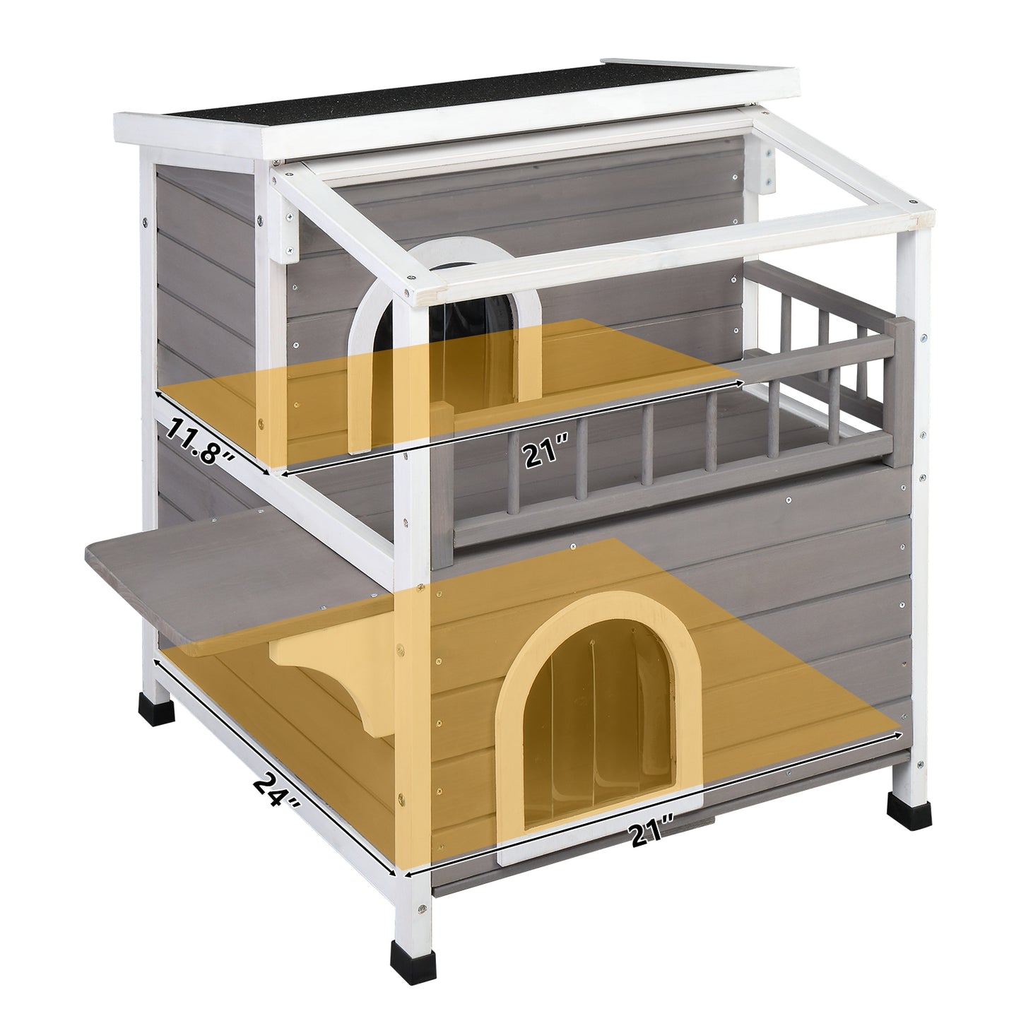 Wooden Cat house 2-Story Indoor Outdoor Luxurious Cat Shelter House with Transparent Canopy, Large Balcony, Openable Weatherproof Roof