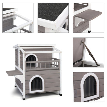 Wooden Cat house 2-Story Indoor Outdoor Luxurious Cat Shelter House with Transparent Canopy, Large Balcony, Openable Weatherproof Roof