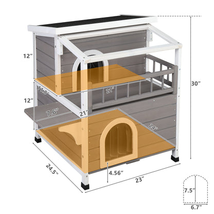 Wooden Cat house 2-Story Indoor Outdoor Luxurious Cat Shelter House with Transparent Canopy, Large Balcony, Openable Weatherproof Roof