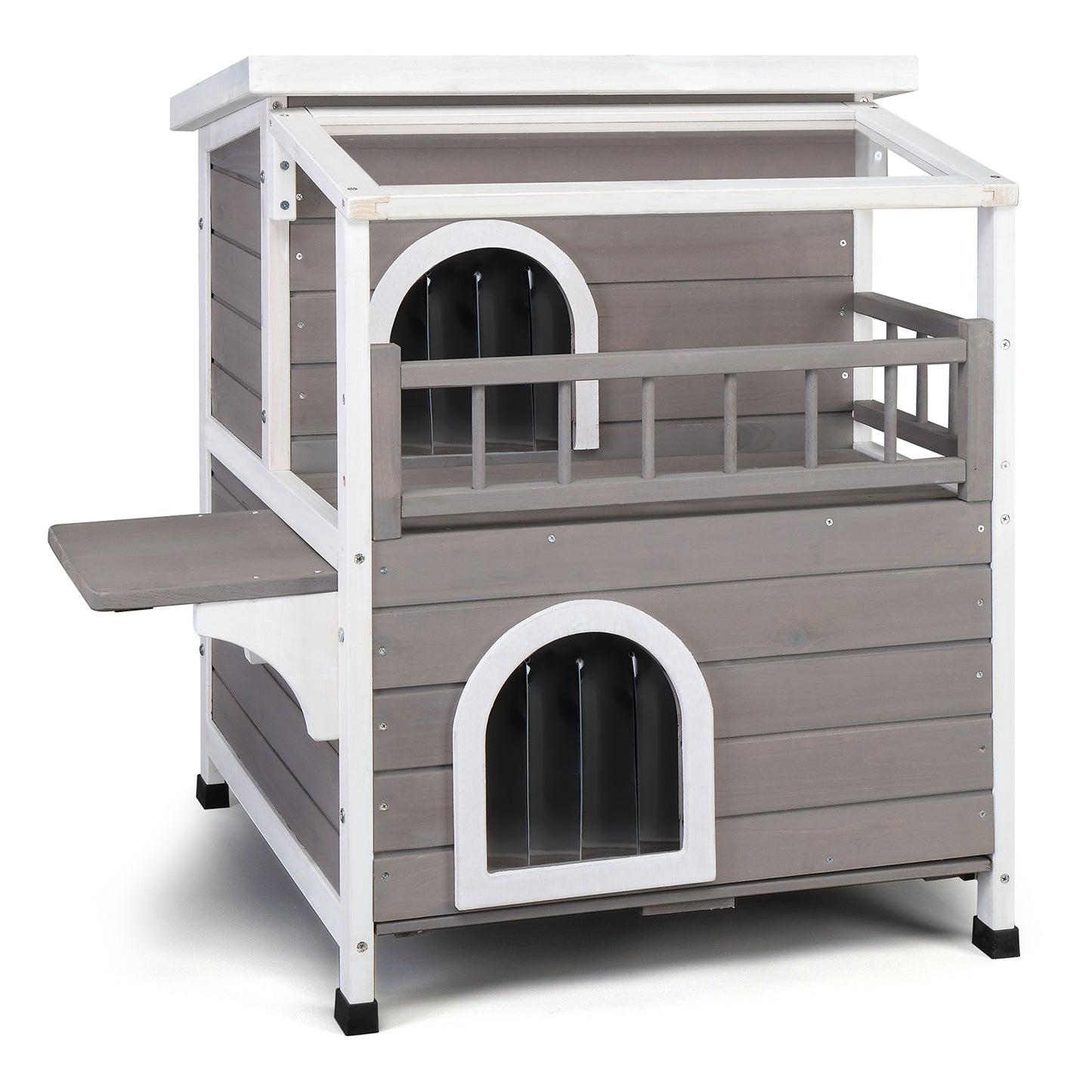 Wooden Cat house 2-Story Indoor Outdoor Luxurious Cat Shelter House with Transparent Canopy, Large Balcony, Openable Weatherproof Roof