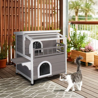 Wooden Cat house 2-Story Indoor Outdoor Luxurious Cat Shelter House with Transparent Canopy, Large Balcony, Openable Weatherproof Roof