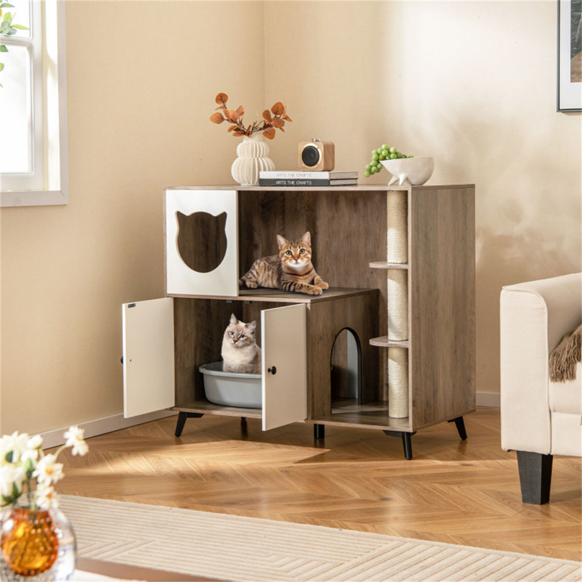 Cat Litter box with Cat scratching post, Cat Apartment, Cat House