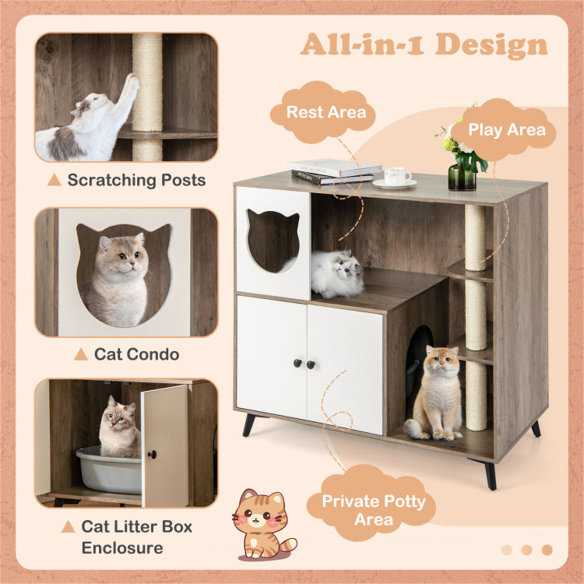 Cat Litter box with Cat scratching post, Cat Apartment, Cat House