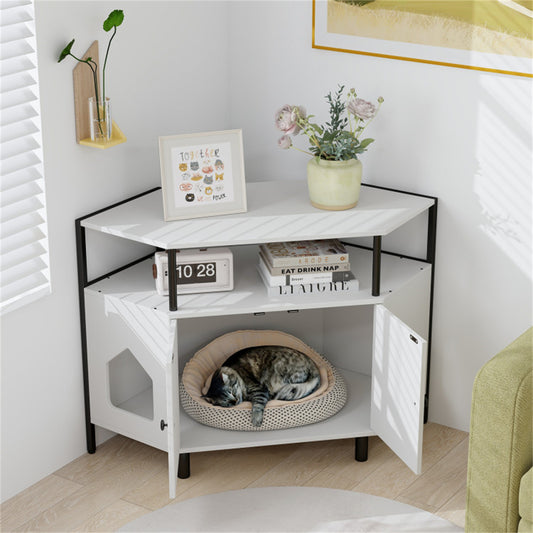 Modern White Litter Box Enclosure - Polygonal Cat House & Stylish Cat Furniture for Living Room Cabinet Use