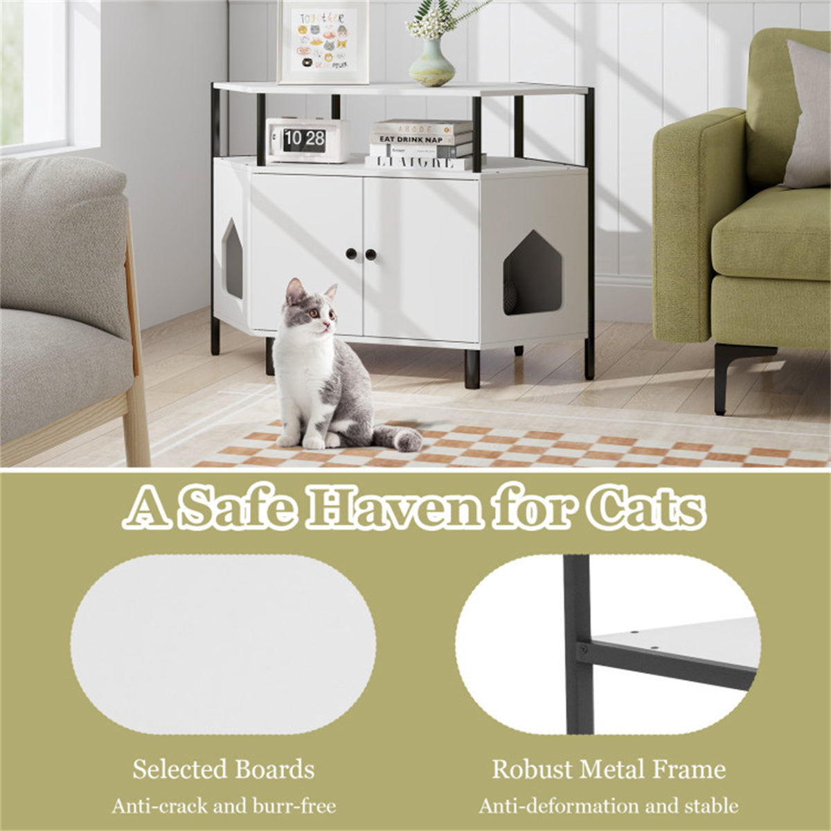 Modern White Litter Box Enclosure - Polygonal Cat House & Stylish Cat Furniture for Living Room Cabinet Use