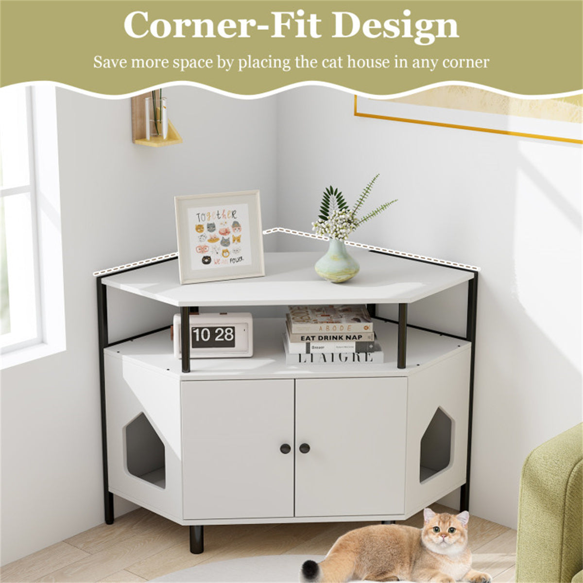 Modern White Litter Box Enclosure - Polygonal Cat House & Stylish Cat Furniture for Living Room Cabinet Use