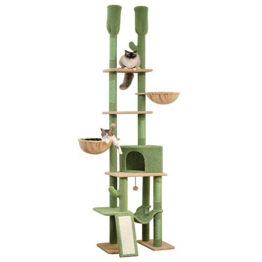 Cactus Cat Tree - Adjustable Floor-to-Ceiling Cat Tower (85-112 Inches) with 7 Tiers, Cozy Hammocks, and Climbing Activity Center