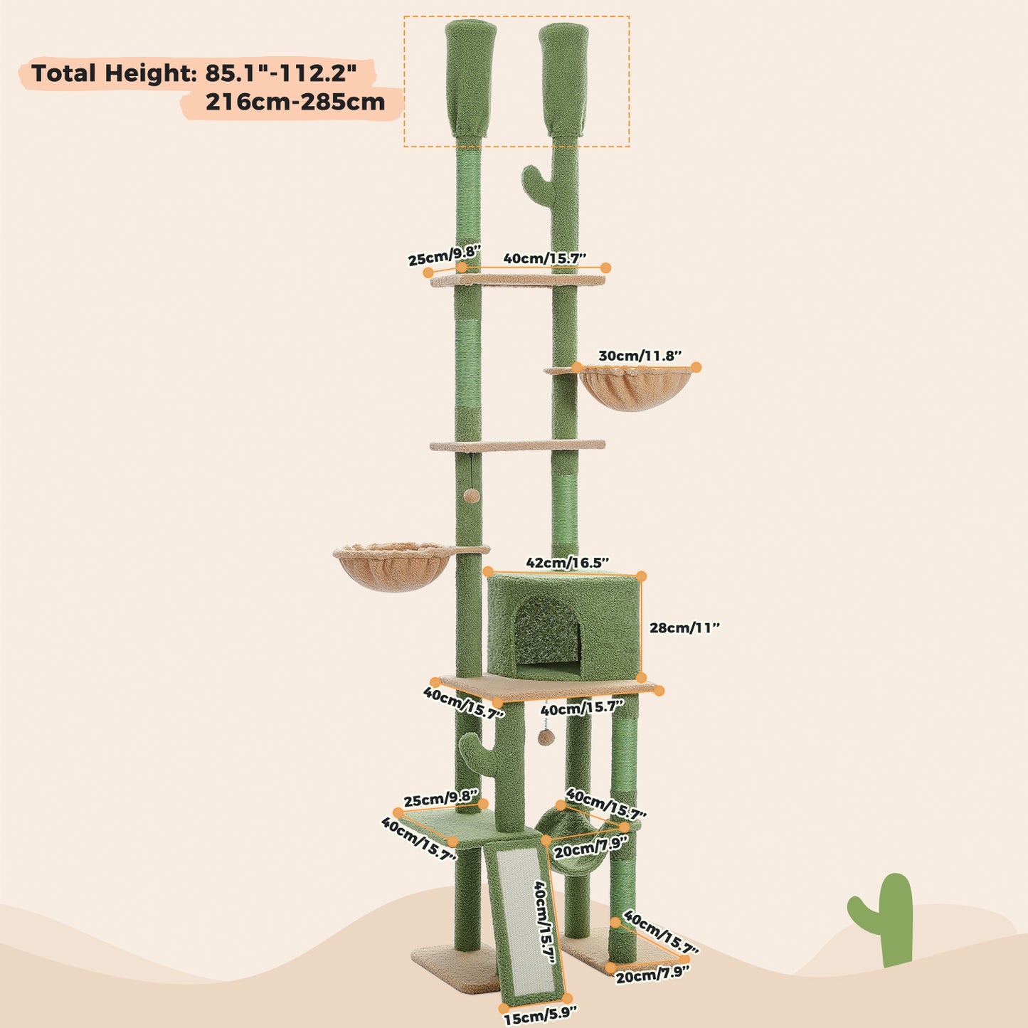 Cactus Cat Tree - Adjustable Floor-to-Ceiling Cat Tower (85-112 Inches) with 7 Tiers, Cozy Hammocks, and Climbing Activity Center