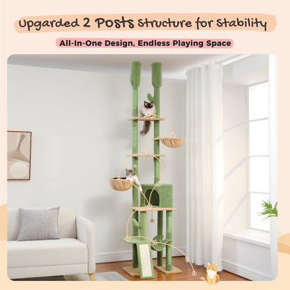 Cactus Cat Tree - Adjustable Floor-to-Ceiling Cat Tower (85-112 Inches) with 7 Tiers, Cozy Hammocks, and Climbing Activity Center