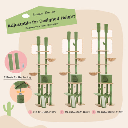 Cactus Cat Tree - Adjustable Floor-to-Ceiling Cat Tower (85-112 Inches) with 7 Tiers, Cozy Hammocks, and Climbing Activity Center