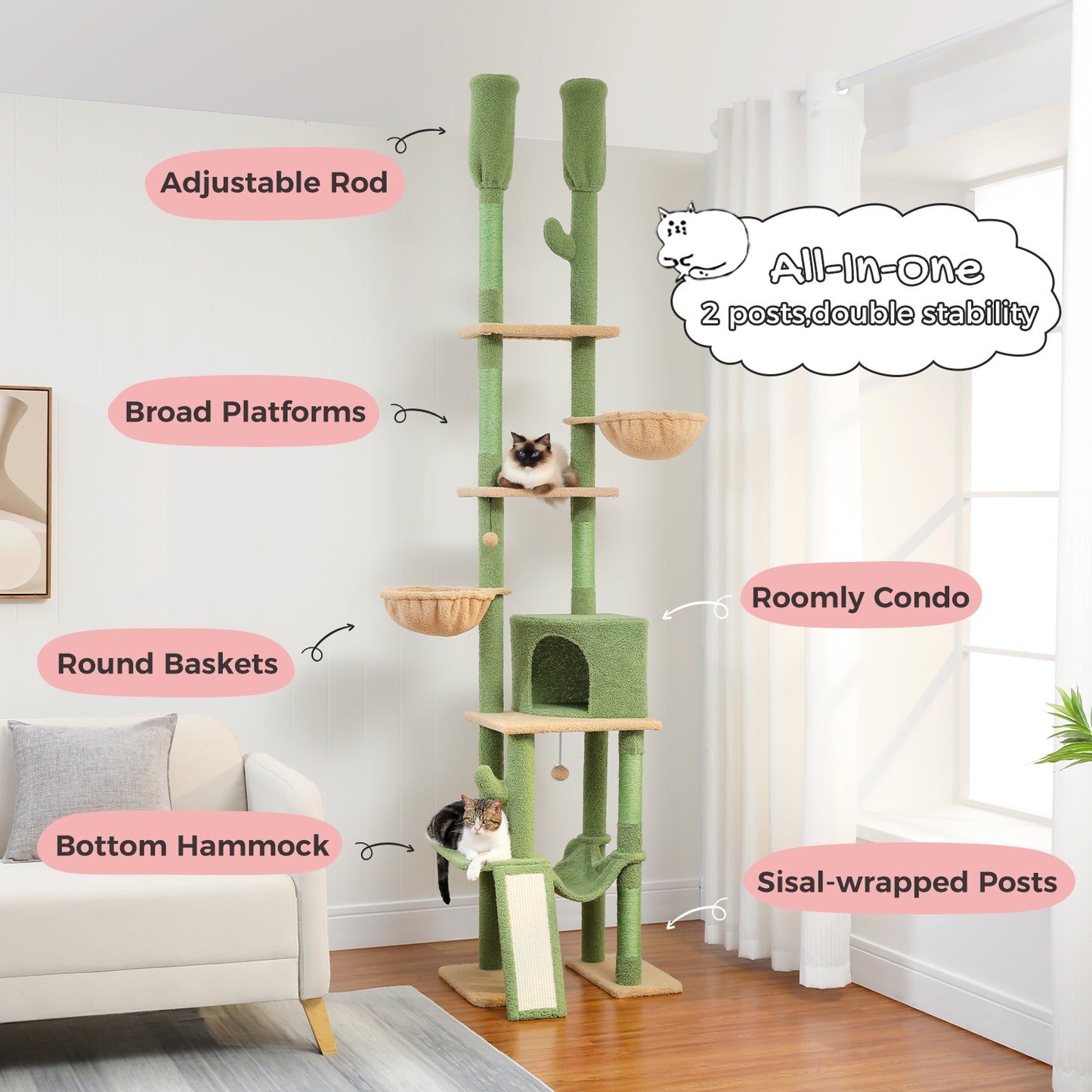 Cactus Cat Tree - Adjustable Floor-to-Ceiling Cat Tower (85-112 Inches) with 7 Tiers, Cozy Hammocks, and Climbing Activity Center