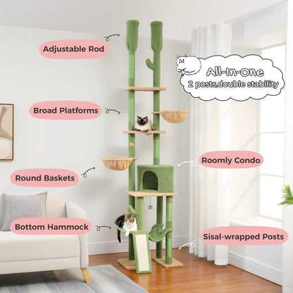 Cactus Cat Tree - Adjustable Floor-to-Ceiling Cat Tower (85-112 Inches) with 7 Tiers, Cozy Hammocks, and Climbing Activity Center