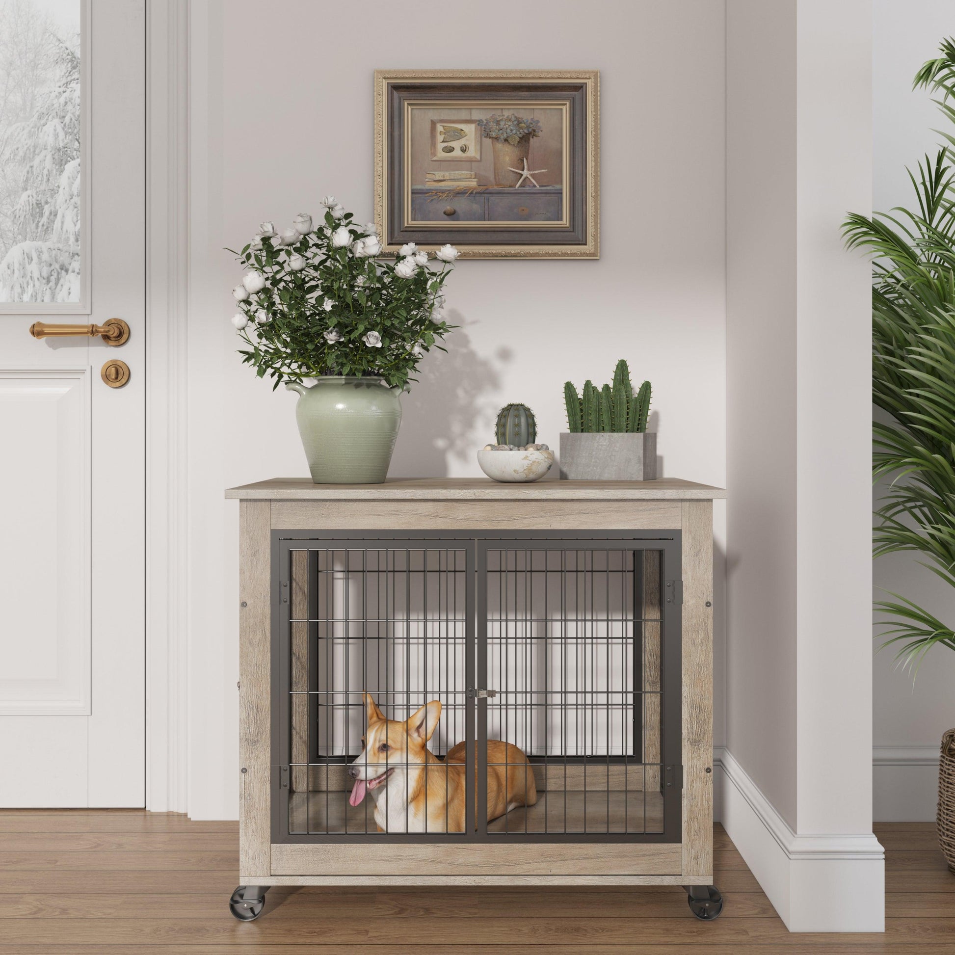 Furniture Dog Cage Crate with Double Doors on Casters. Grey, 31.50'' W x 22.05'' D x 24.8'' H. - Adalonia