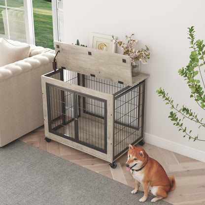 Furniture Dog Cage Crate with Double Doors on Casters. Grey, 31.50'' W x 22.05'' D x 24.8'' H. - Adalonia