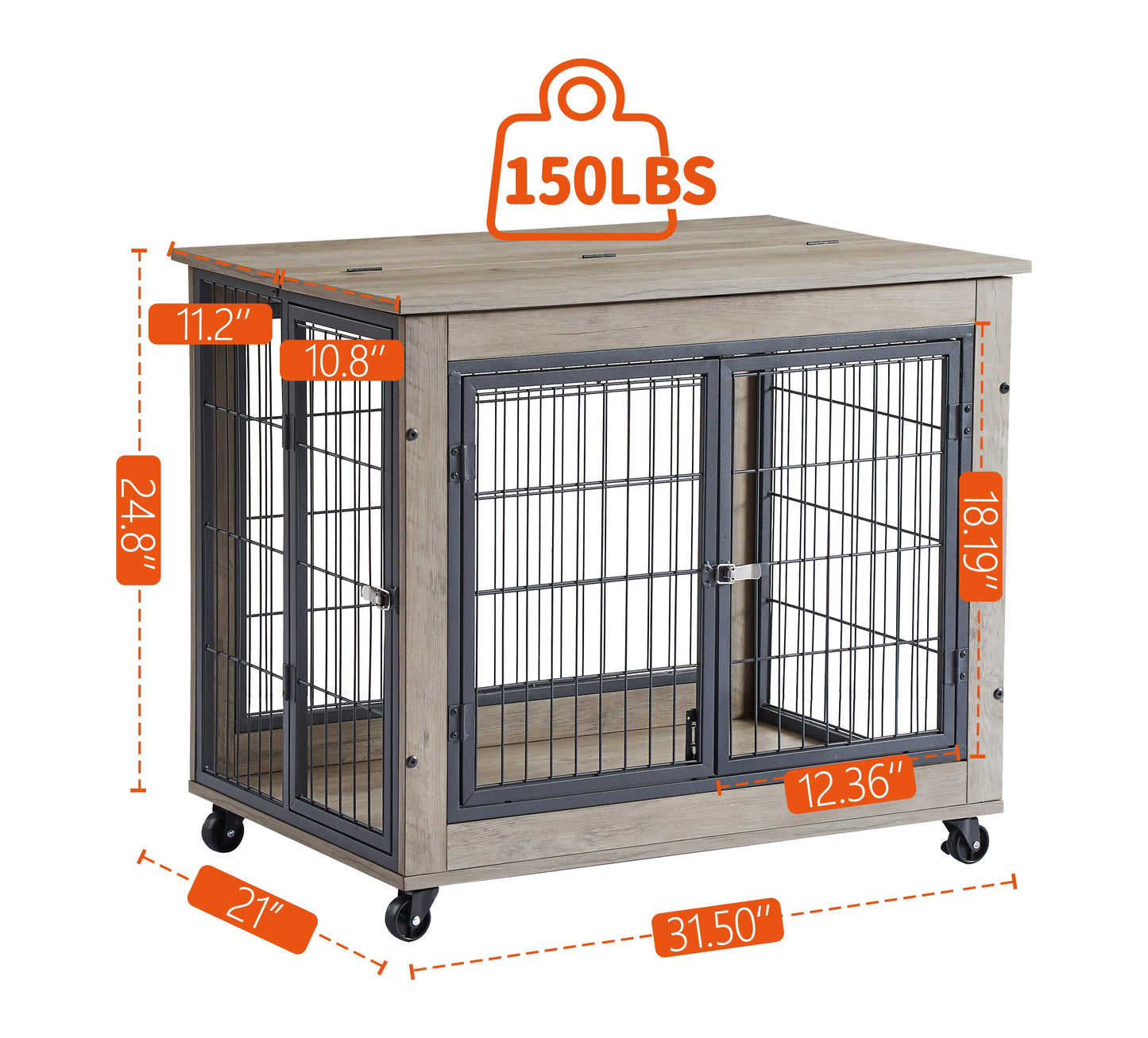 Furniture Dog Cage Crate with Double Doors on Casters. Grey, 31.50'' W x 22.05'' D x 24.8'' H. - Adalonia