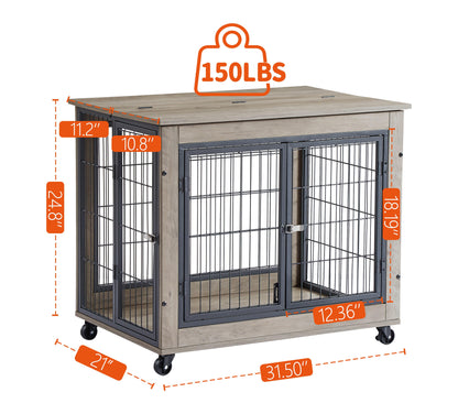 Furniture Dog Cage Crate with Double Doors on Casters. Grey, 31.50'' W x 22.05'' D x 24.8'' H. - Adalonia