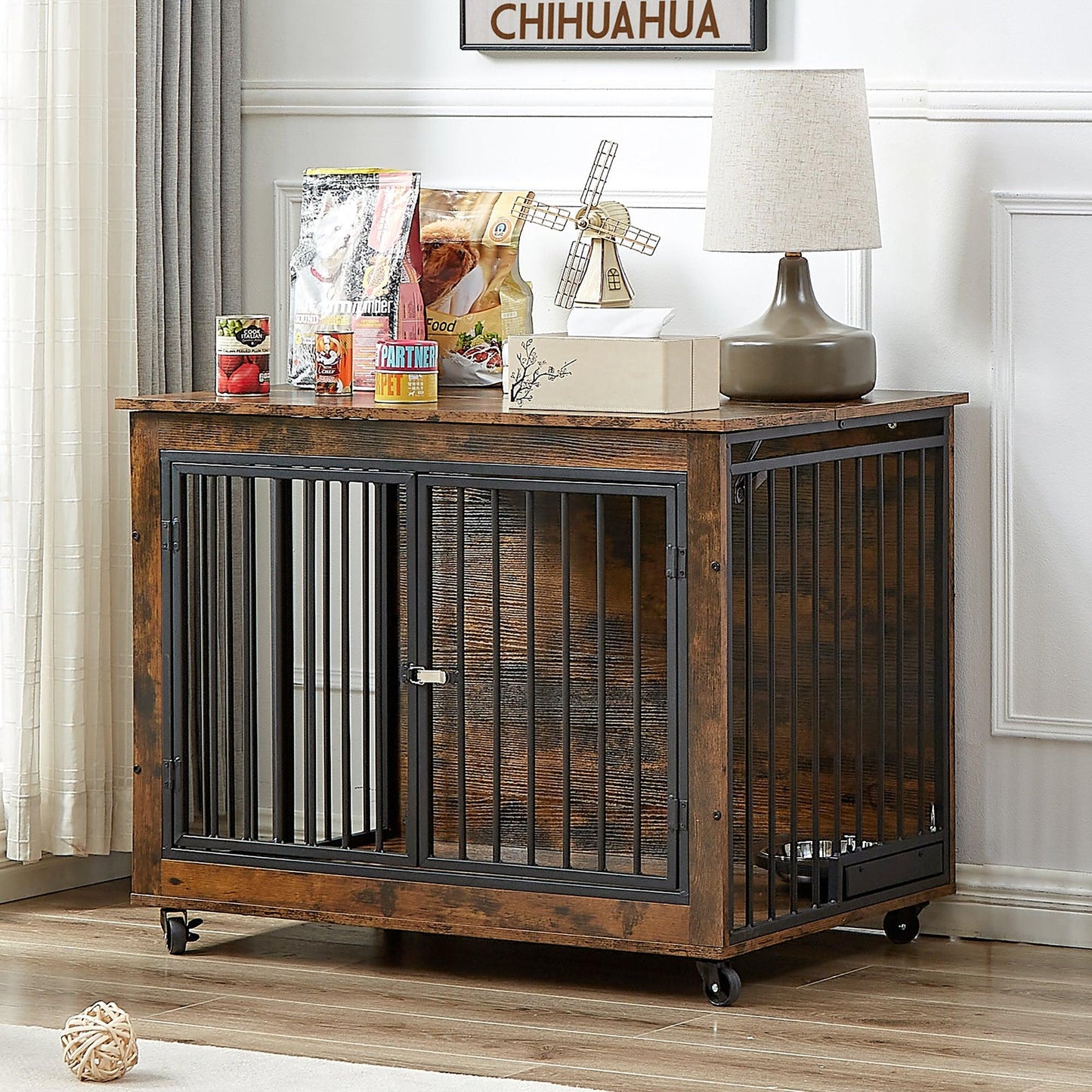 Furniture Style Dog Crate Side Table With Feeding Bowl, Wheels, Three Doors, Flip-Up Top Opening. Indoor, Rustic Brown, 38.58"W x 25.2"D x 27.17"H