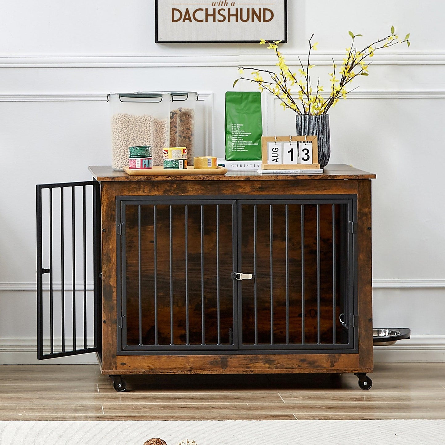 Furniture Style Dog Crate Side Table With Feeding Bowl, Wheels, Three Doors, Flip-Up Top Opening. Indoor, Rustic Brown, 38.58"W x 25.2"D x 27.17"H