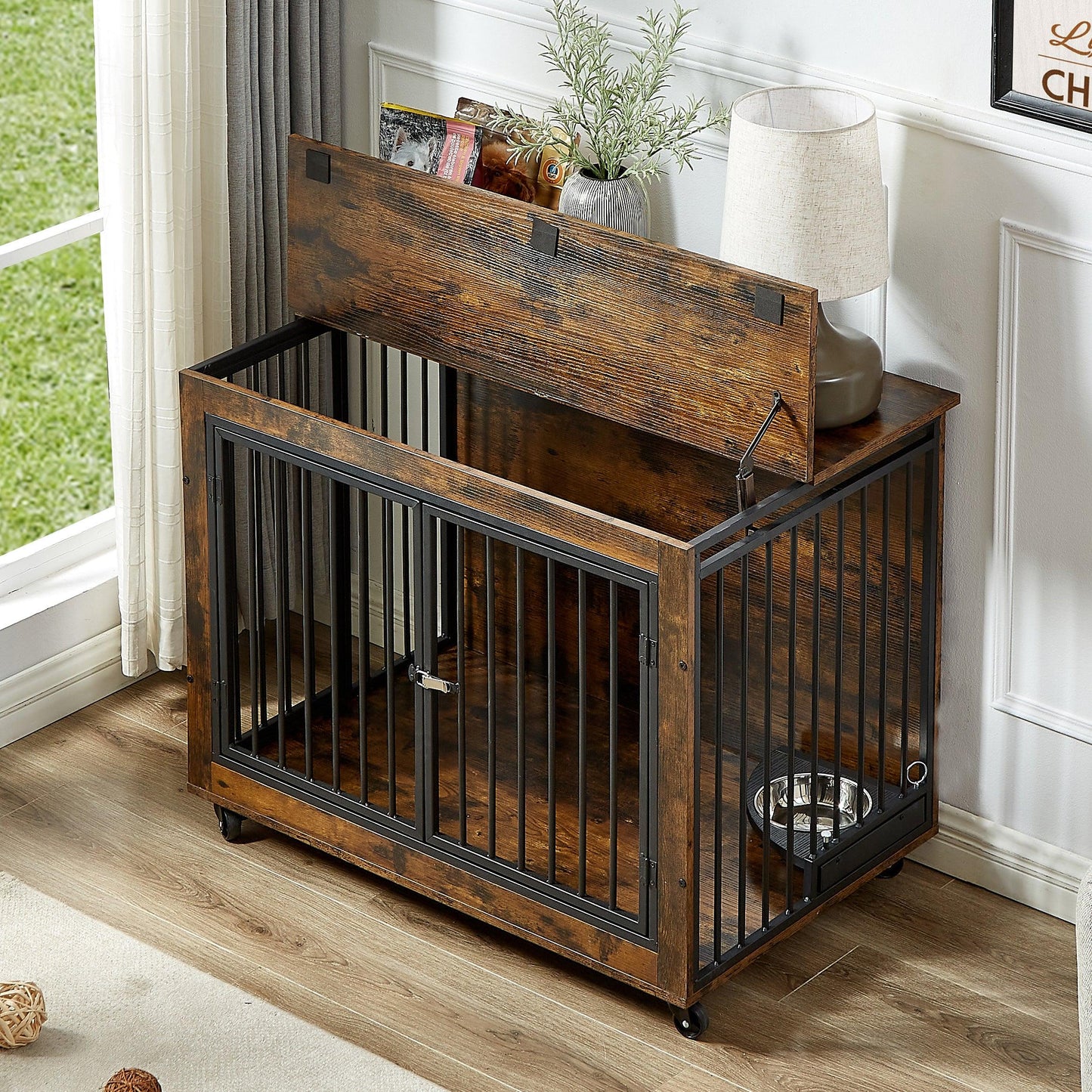 Furniture Style Dog Crate Side Table With Feeding Bowl, Wheels, Three Doors, Flip-Up Top Opening. Indoor, Rustic Brown, 38.58"W x 25.2"D x 27.17"H