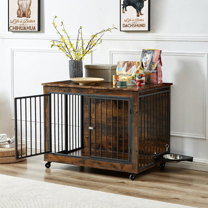 Furniture Style Dog Crate Side Table With Feeding Bowl, Wheels, Three Doors, Flip-Up Top Opening. Indoor, Rustic Brown, 38.58"W x 25.2"D x 27.17"H