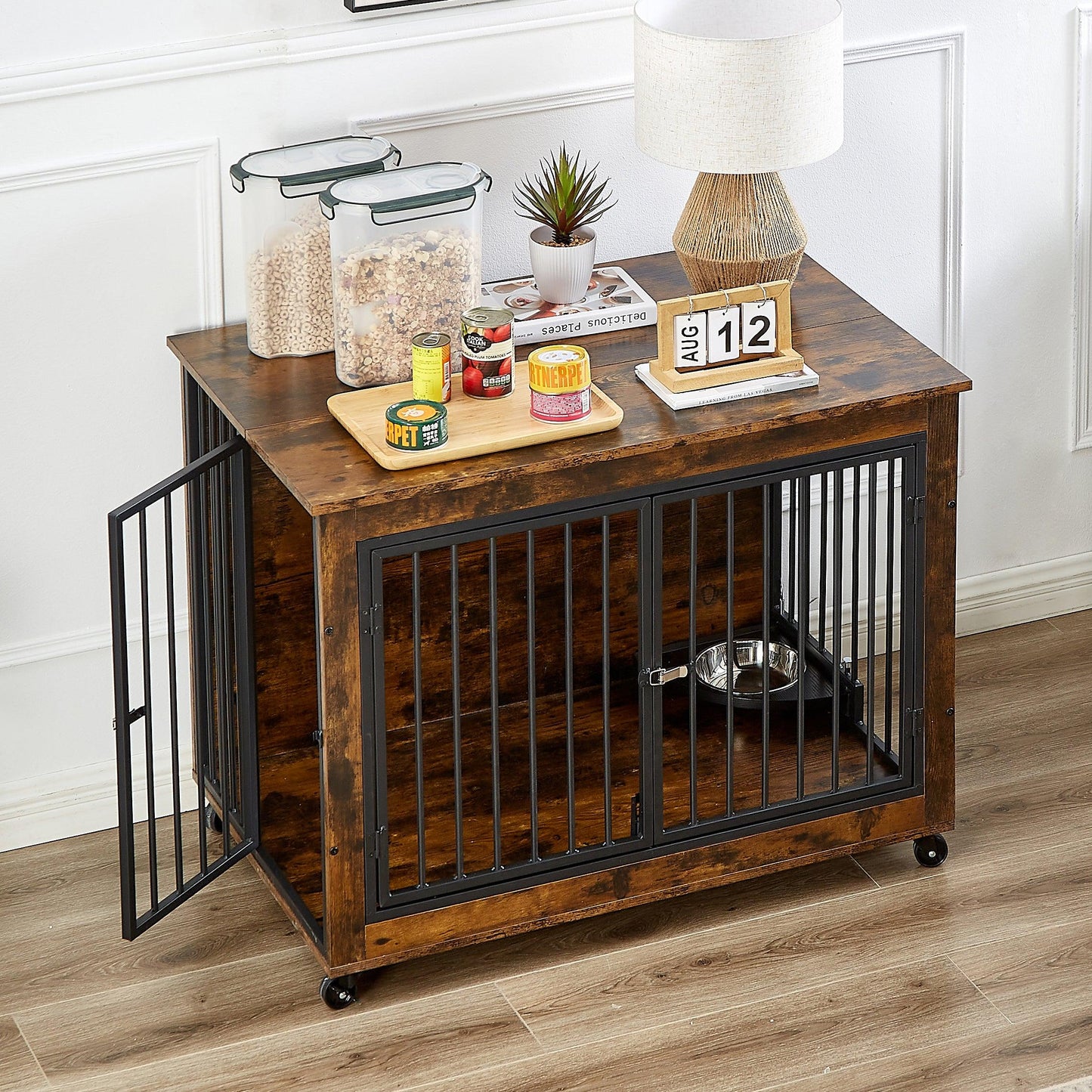 Furniture Style Dog Crate Side Table With Feeding Bowl, Wheels, Three Doors, Flip-Up Top Opening. Indoor, Rustic Brown, 38.58"W x 25.2"D x 27.17"H