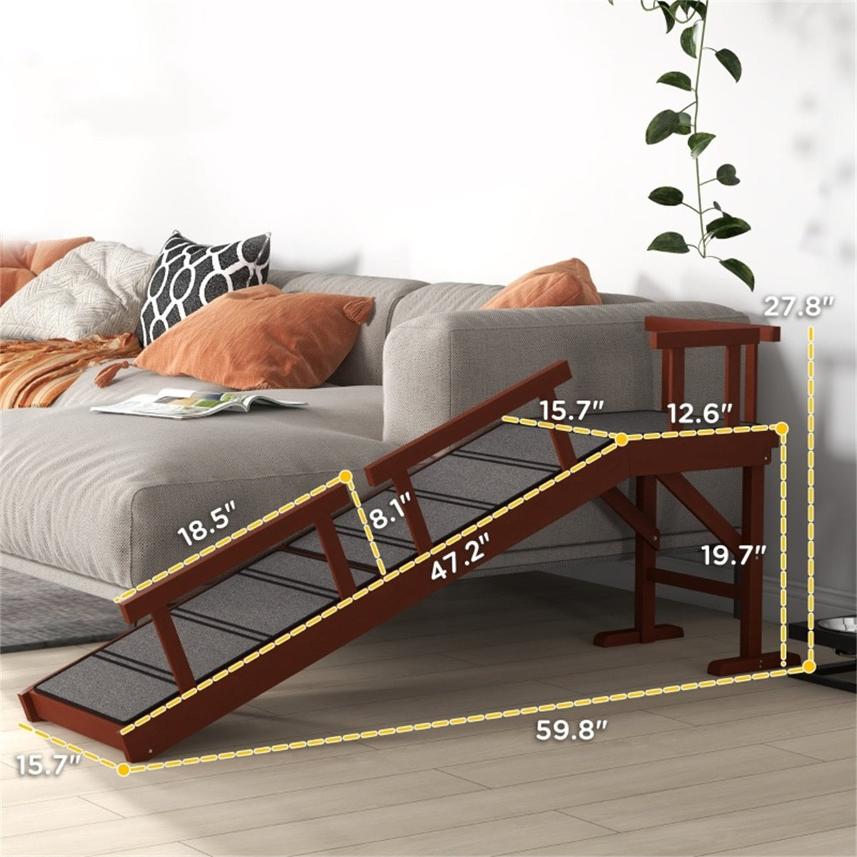 Adjustable Wooden Pet Ramp with Safety Guardrails. 59.8"L