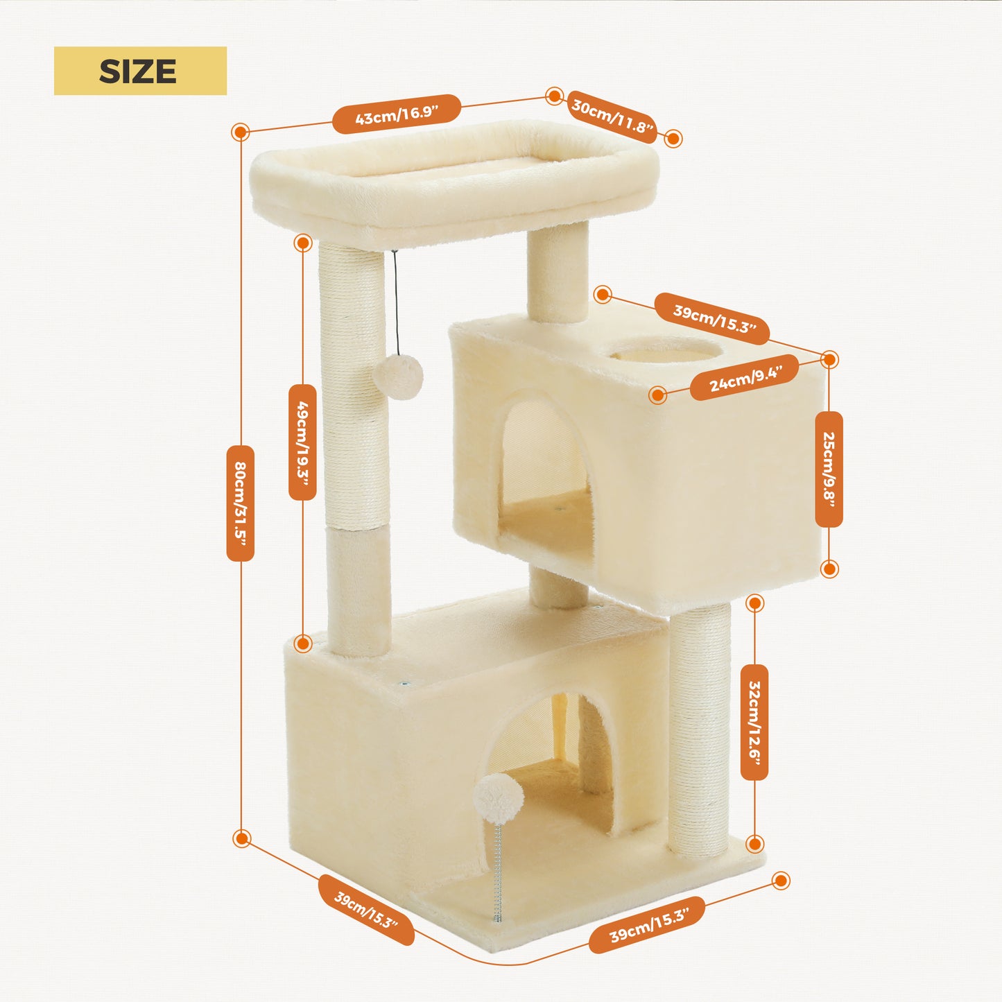 31.5" Cat Tower with Dual Spacious Condos for Kittens and Medium Cats