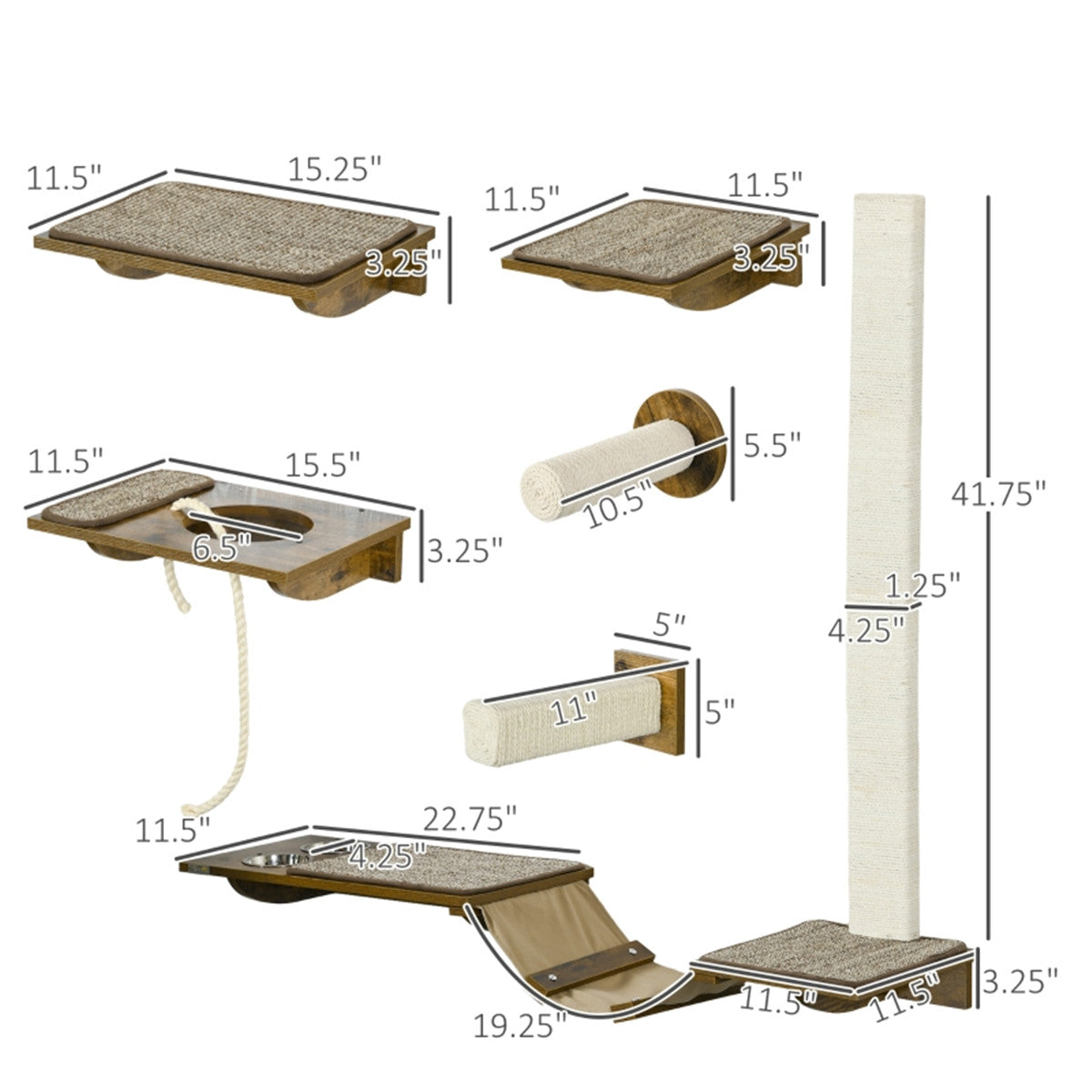 Versatile Cat Wall Shelf Set with Scratching Posts and Elevated Food Bowls