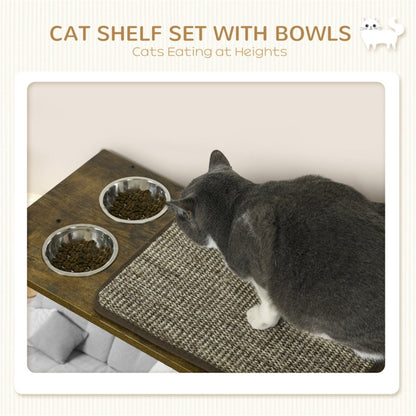 Versatile Cat Wall Shelf Set with Scratching Posts and Elevated Food Bowls