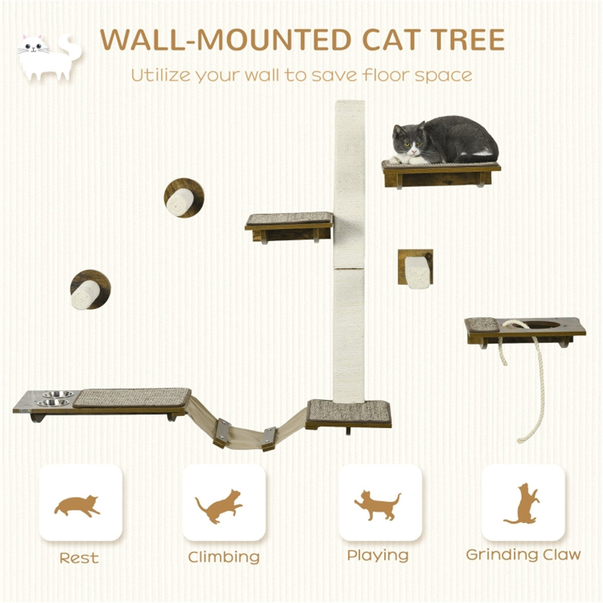 Versatile Cat Wall Shelf Set with Scratching Posts and Elevated Food Bowls