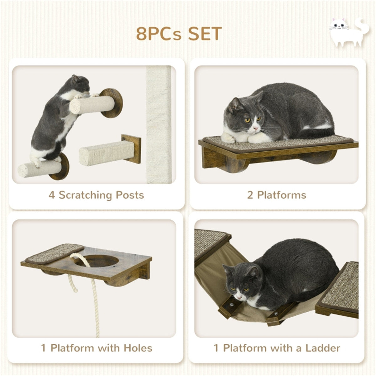 Versatile Cat Wall Shelf Set with Scratching Posts and Elevated Food Bowls