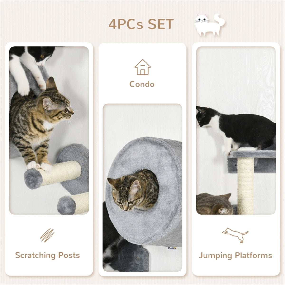 Wall-Mounted Cat Shelf Set with Condo, Scratching Posts, and Climbing Platforms