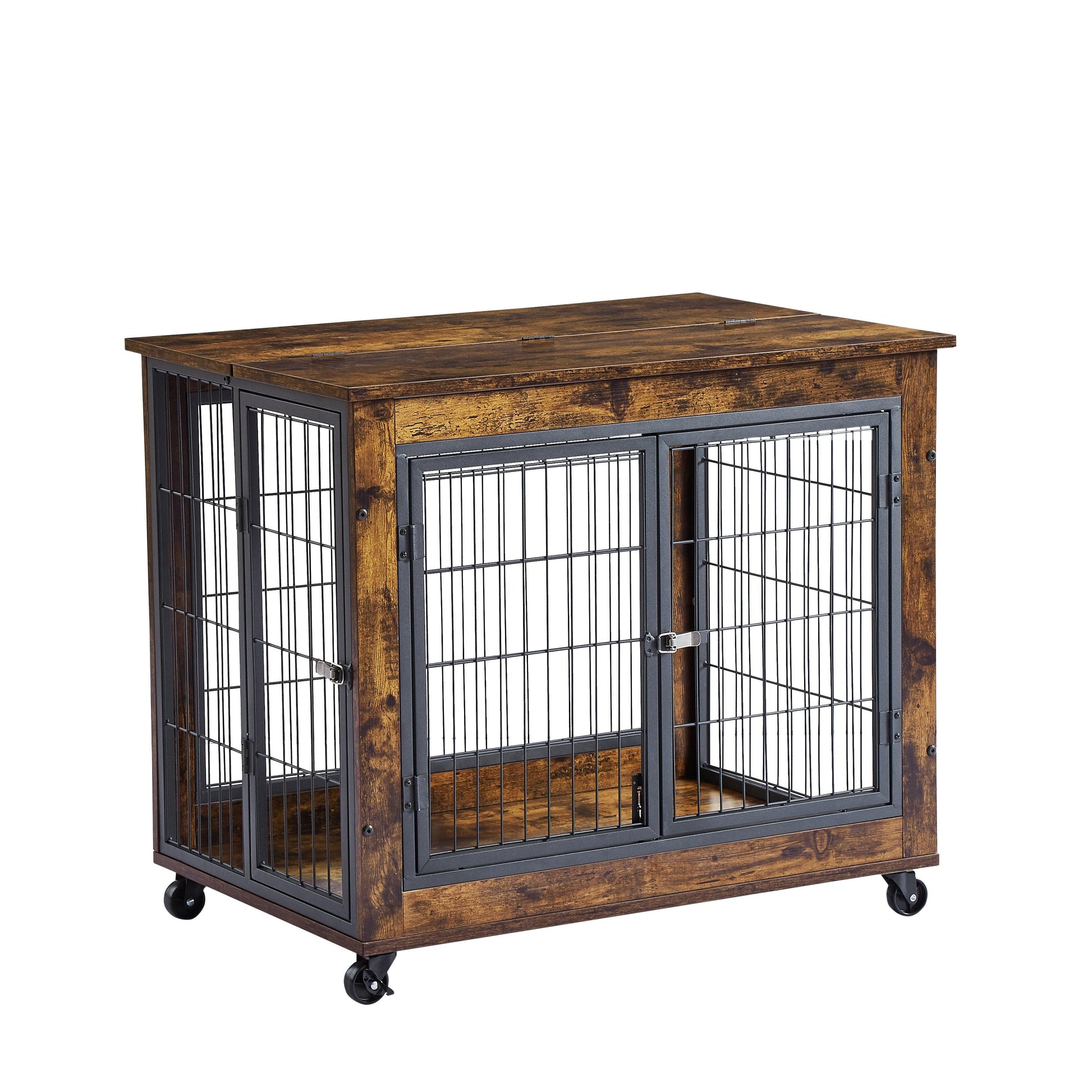 Furniture Style Dog Crate Side Table on Wheels with Double Doors and Lift Top. Rustic Brown, 31.50'' W x 22.05'' D x 25'' H. - Adalonia