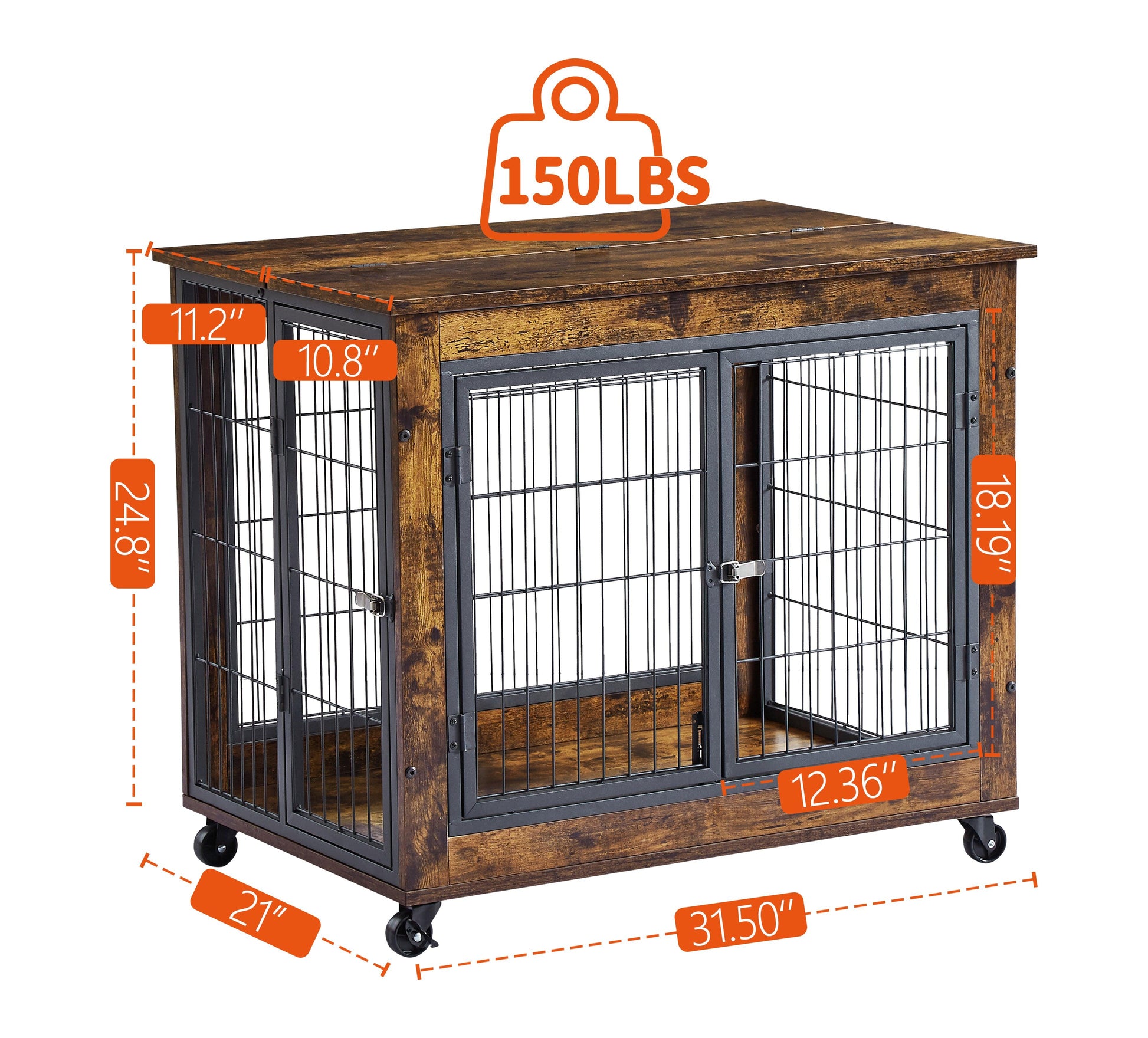 Furniture Style Dog Crate Side Table on Wheels with Double Doors and Lift Top. Rustic Brown, 31.50'' W x 22.05'' D x 25'' H. - Adalonia