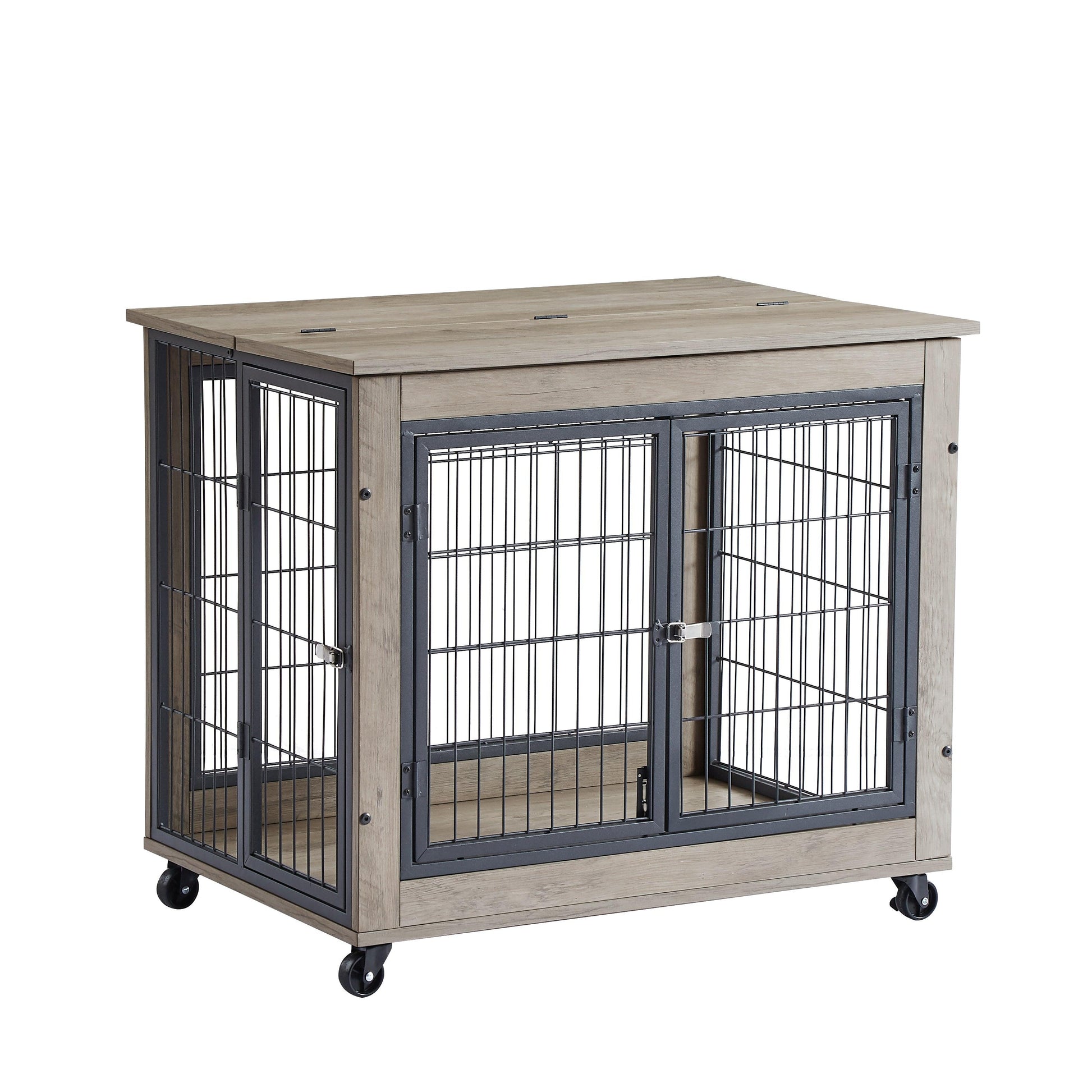 Furniture Dog Cage Crate with Double Doors on Casters. Grey, 31.50'' W x 22.05'' D x 24.8'' H. - Adalonia