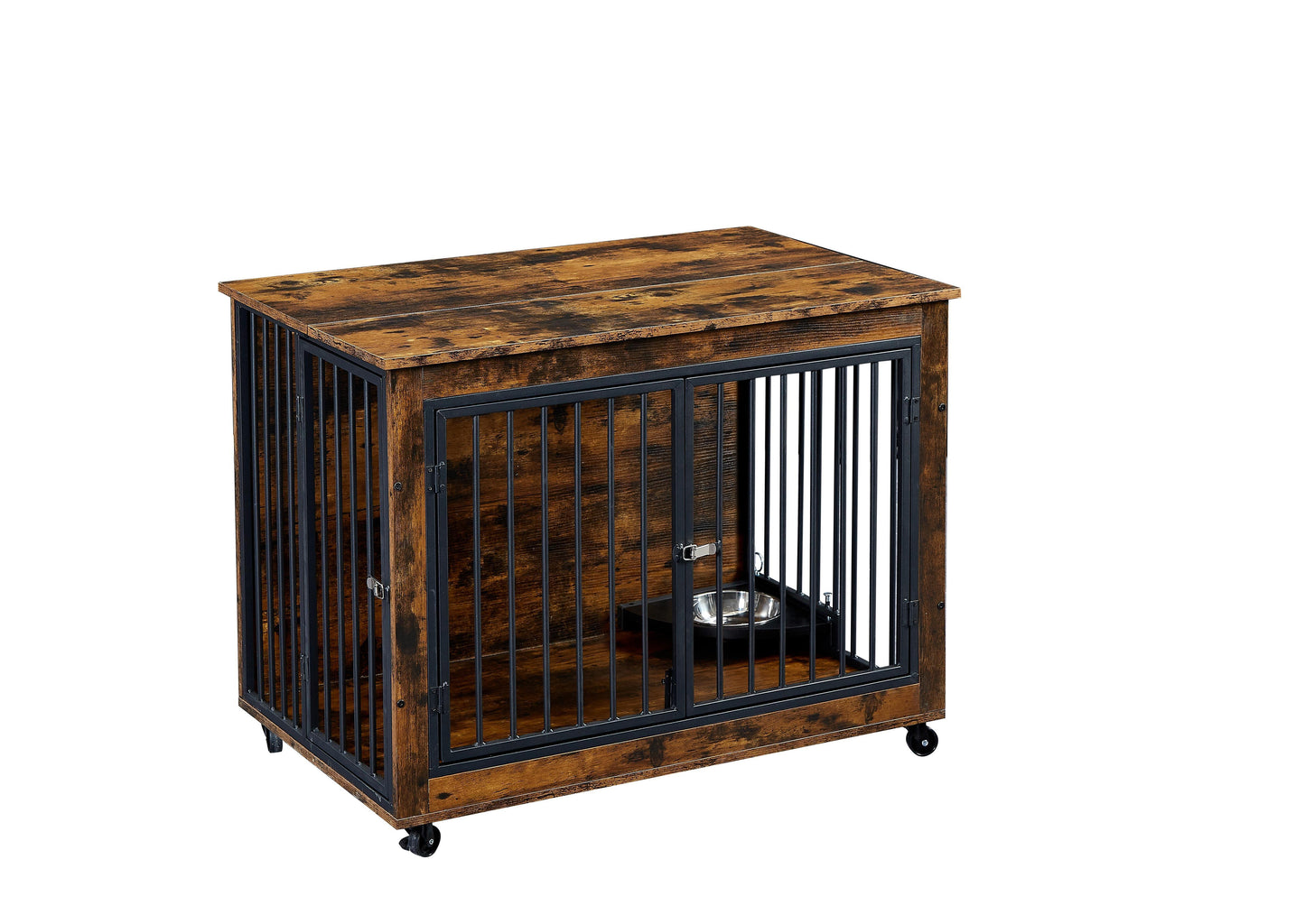 Furniture Style Dog Crate Side Table With Feeding Bowl, Wheels, Three Doors, Flip-Up Top Opening. Indoor, Rustic Brown, 38.58"W x 25.2"D x 27.17"H