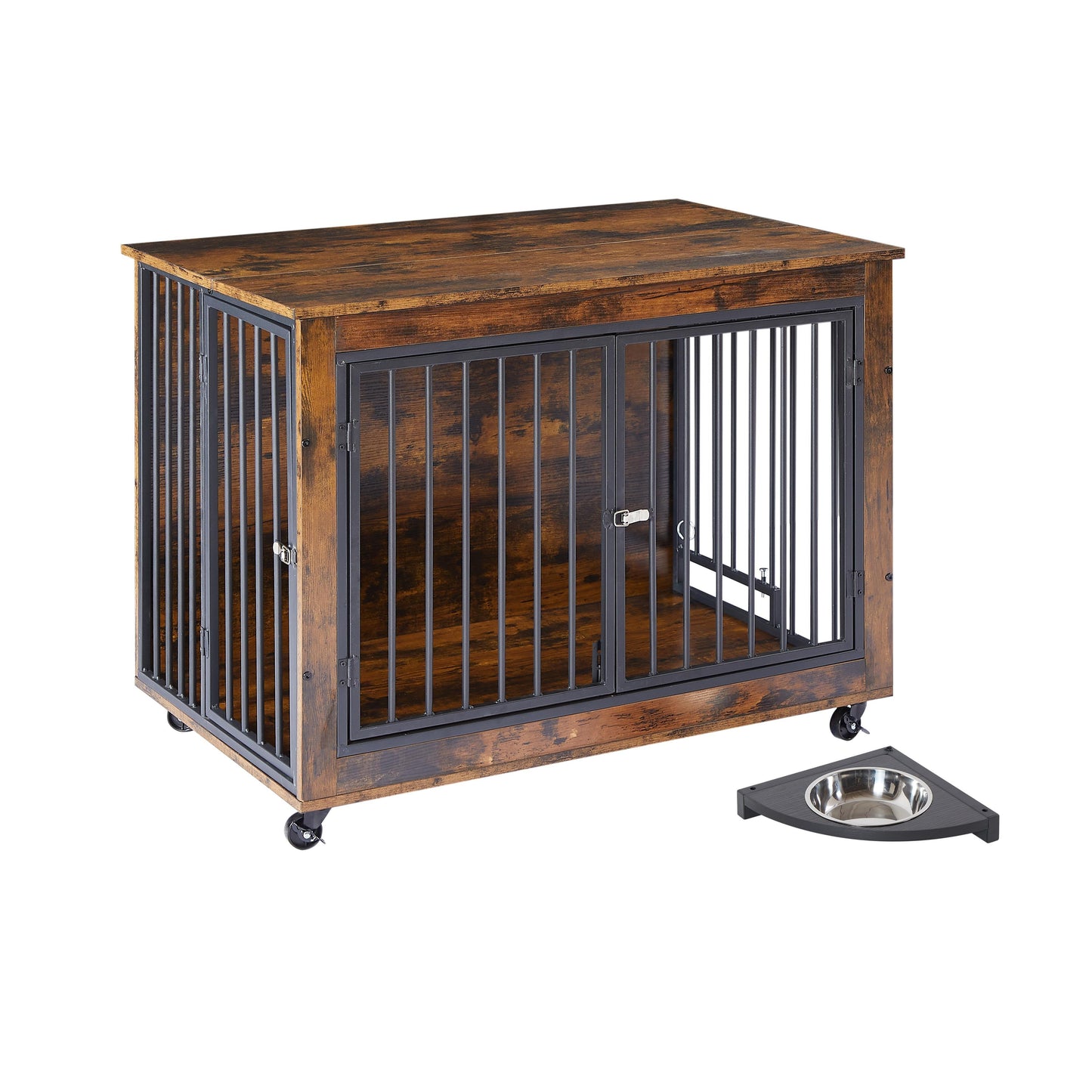 Furniture Style Dog Crate Side Table With Feeding Bowl, Wheels, Three Doors, Flip-Up Top Opening. Indoor, Rustic Brown, 38.58"W x 25.2"D x 27.17"H