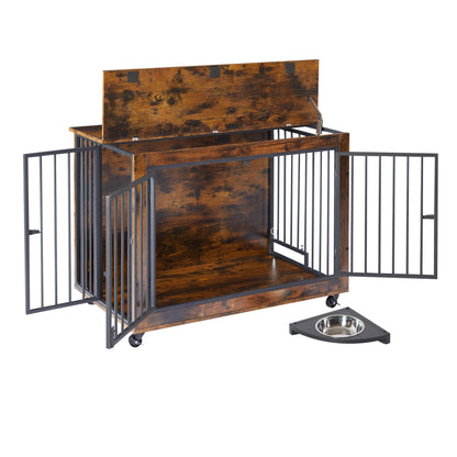 Furniture Style Dog Crate Side Table With Feeding Bowl, Wheels, Three Doors, Flip-Up Top Opening. Indoor, Rustic Brown, 38.58"W x 25.2"D x 27.17"H