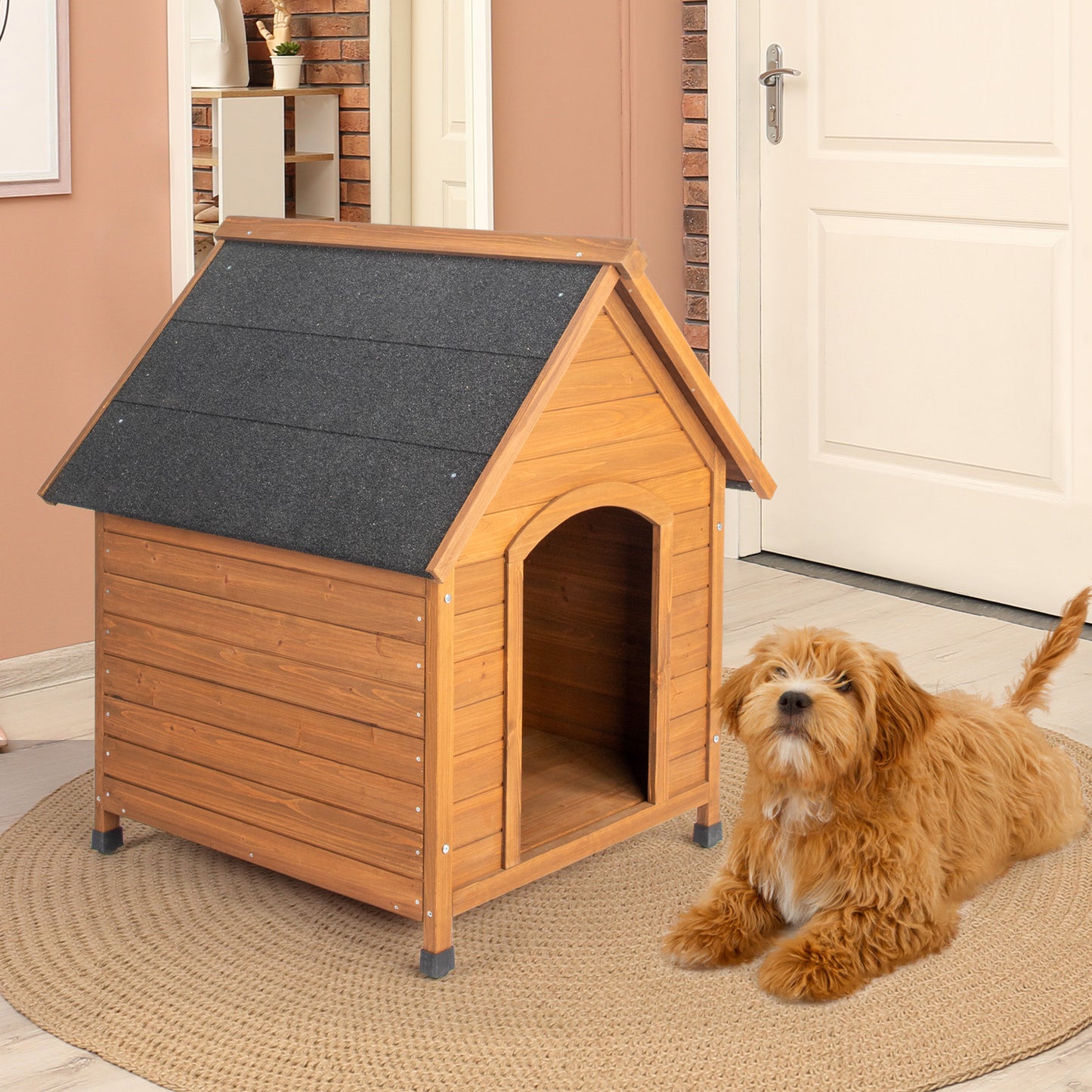 Waterproof Outdoor Dog House – Wooden Puppy Shelter with Elevated Floor & Asphalt Roof