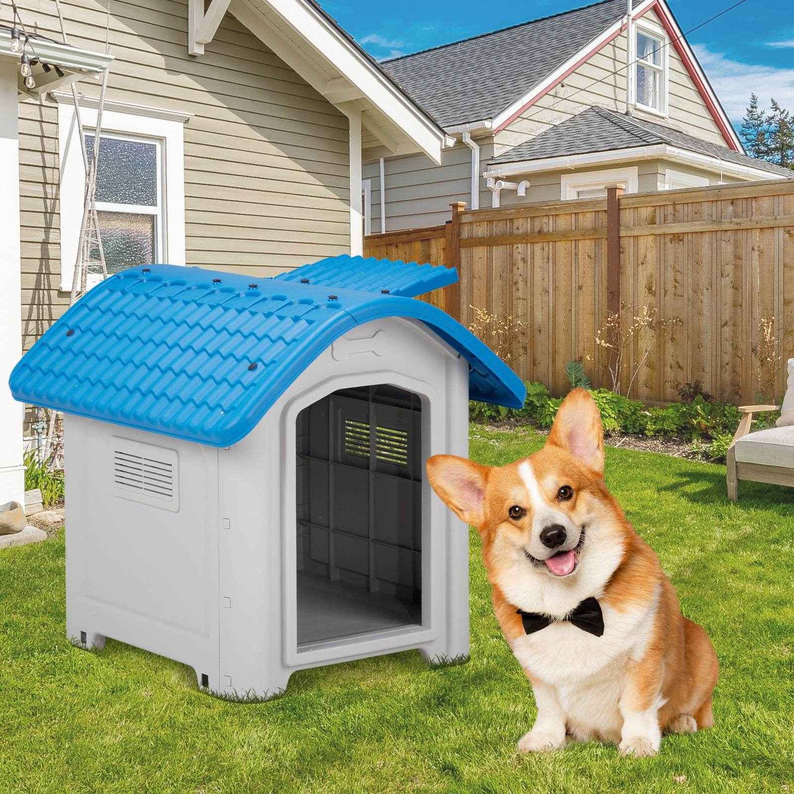 28-Inch Raised Plastic Dog House – Indoor & Outdoor Pet Shelter with Adjustable Sunroof, Elevated Base, for Small Dogs, Blue & White