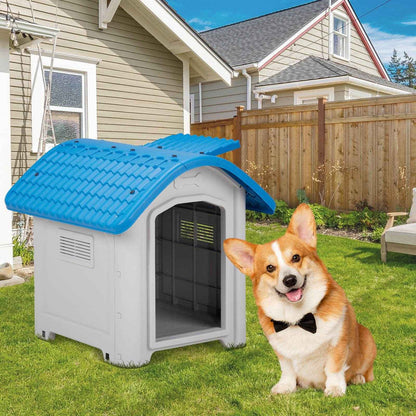 28-Inch Raised Plastic Dog House – Indoor & Outdoor Pet Shelter with Adjustable Sunroof, Elevated Base, for Small Dogs, Blue & White