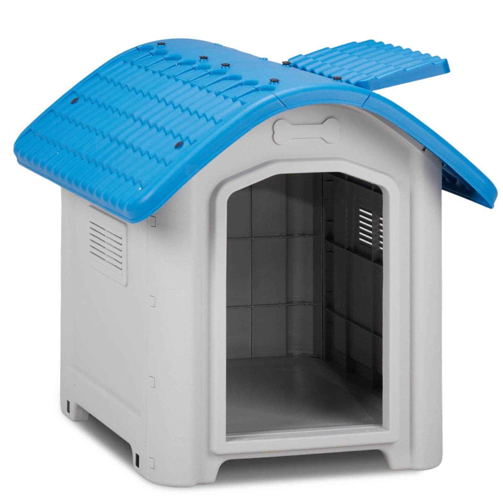 28-Inch Raised Plastic Dog House – Indoor & Outdoor Pet Shelter with Adjustable Sunroof, Elevated Base, for Small Dogs, Blue & White