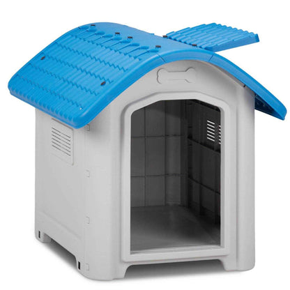 28-Inch Raised Plastic Dog House – Indoor & Outdoor Pet Shelter with Adjustable Sunroof, Elevated Base, for Small Dogs, Blue & White