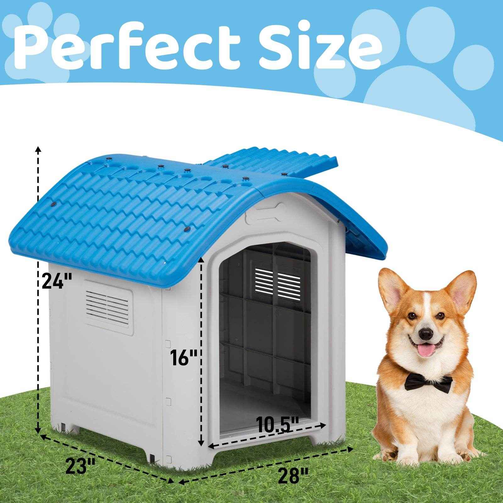 28-Inch Raised Plastic Dog House – Indoor & Outdoor Pet Shelter with Adjustable Sunroof, Elevated Base, for Small Dogs, Blue & White